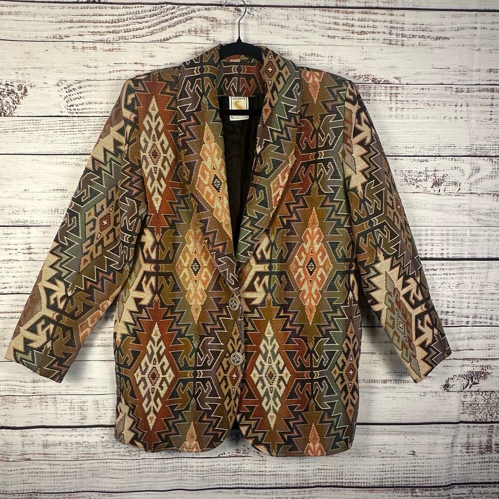 VTG 80s Ascente Sport Brown Aztec Tribal Southwest Geometric Blazer Womens Sz M
